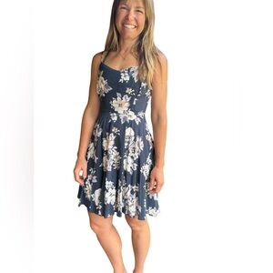 Old Navy Steel Blue Floral Sundress. Adjustable Straps, Elastic Back, Side Zip